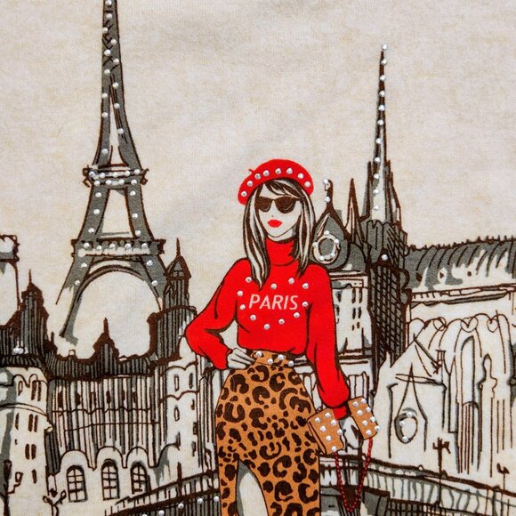 COLORTREE Paris M-L Red Barret Eiffel Tower Studs Decor Beige Sweater Top Tunic - Picture 3 of 16